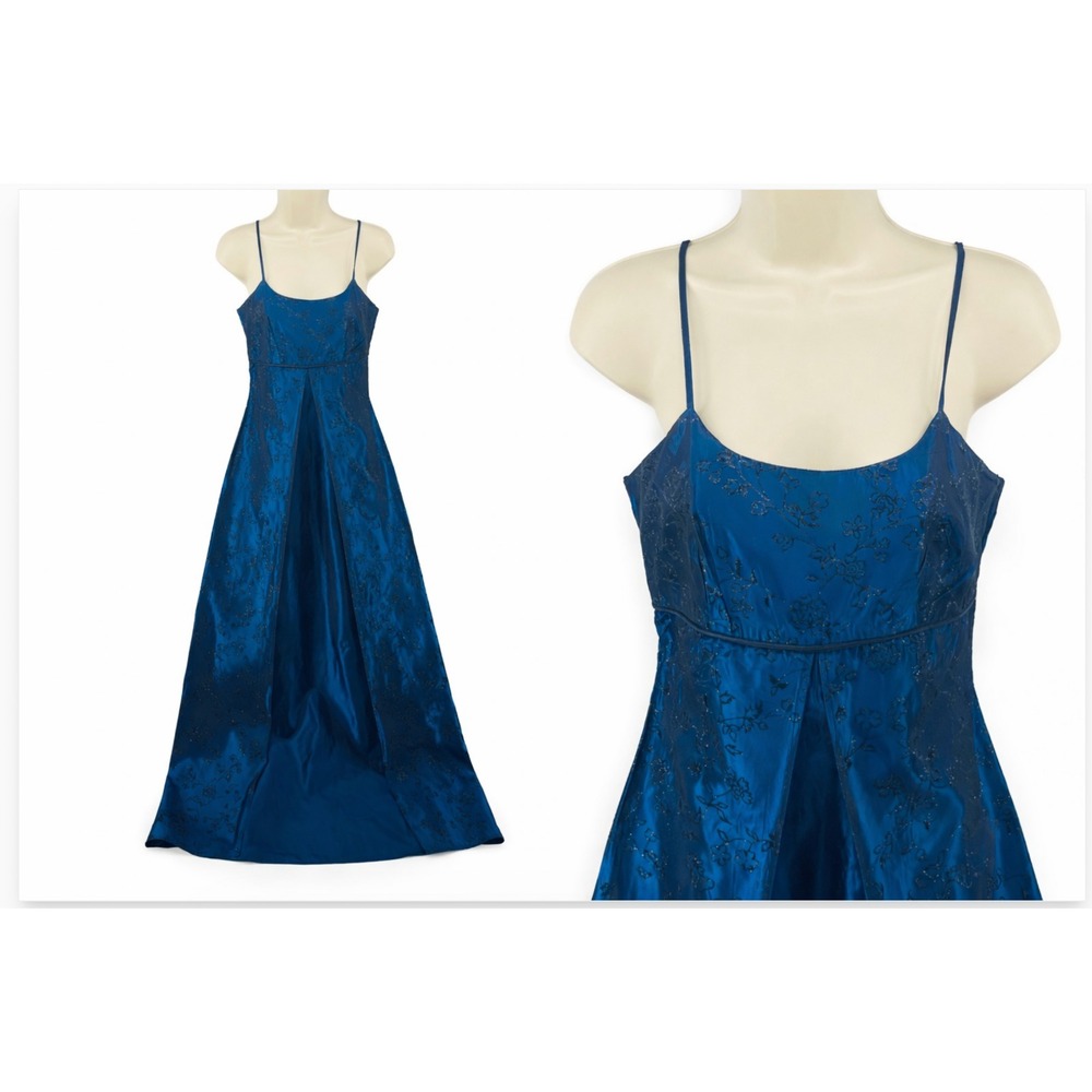 Vintage Y2K Whimsigoth Dress S Prom Hoco Blue Maxi Black Velvet Flocked Sparkle